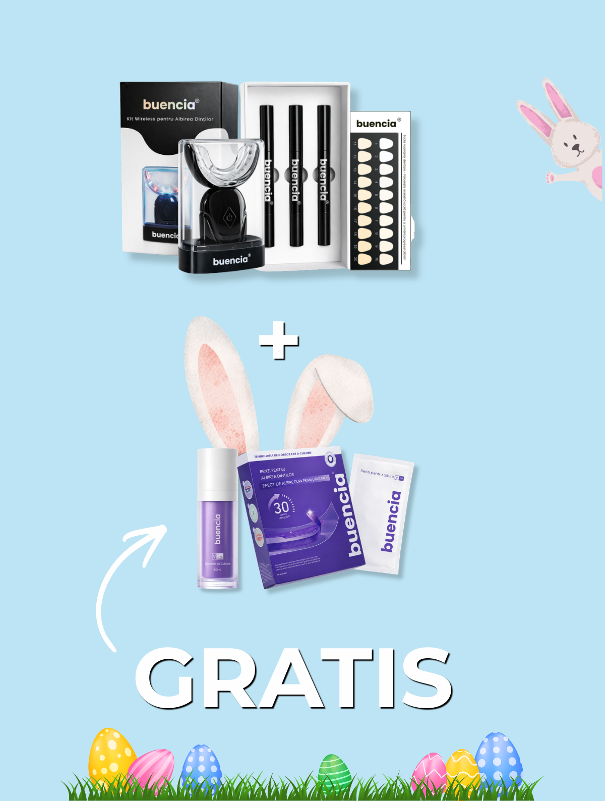 Pachet Buencia de PAȘTE: Kit Albire + GRATIS: Corector V34 și Benzi V34